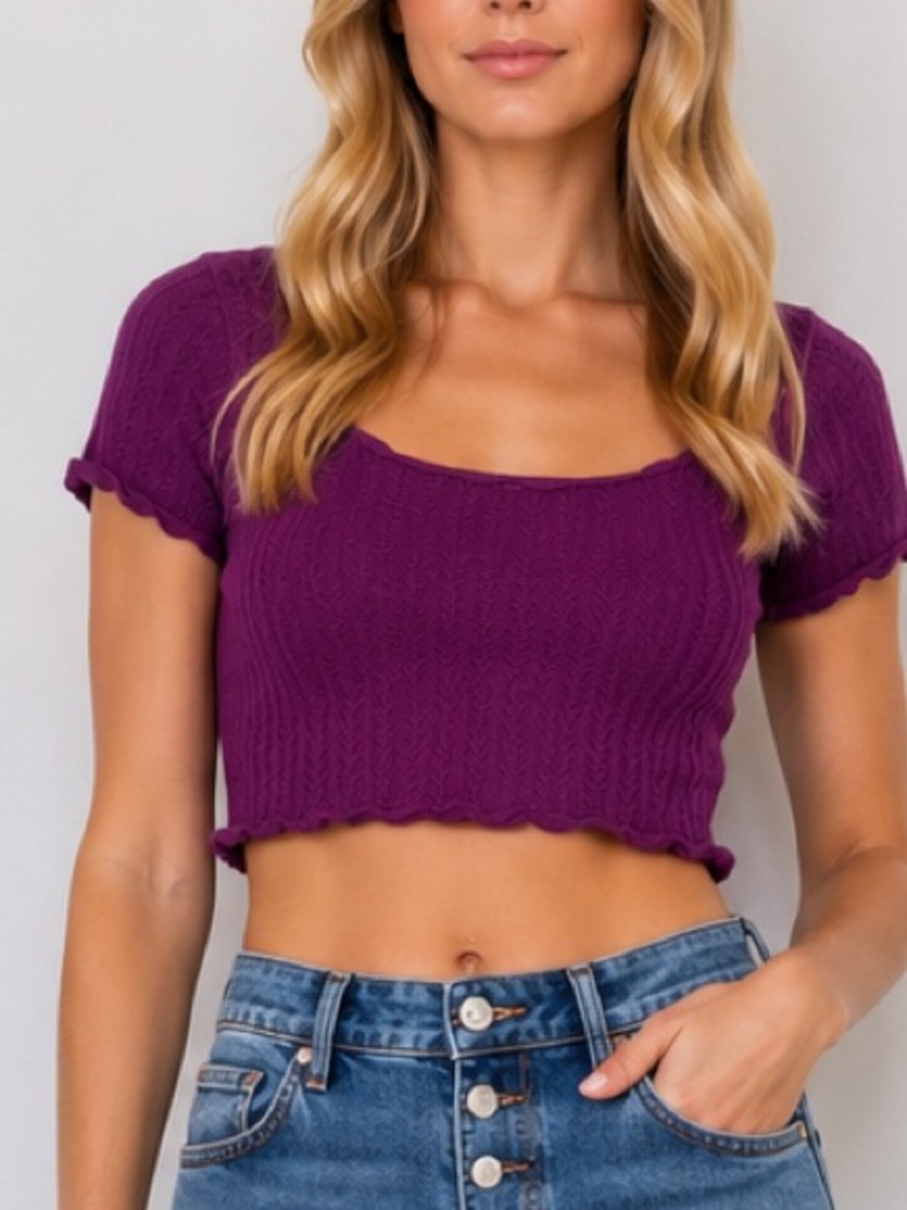 Wilfred Purple Cropped Knit Lettuce Hem Top XS